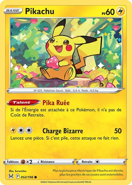 Pikachu, carte Pokémon LOR 052 — extension Origine Perdue