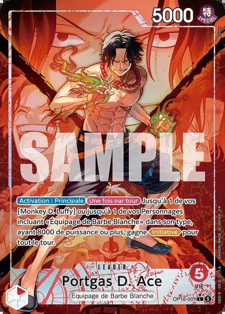 Portgas D. Ace, carte One Piece OP16-001 — extension L'HEURE DE LA BATAILLE DÉCISIVE