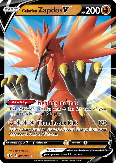 Galarian Zapdos V, Pokémon card CRE 80 — Chilling Reign set