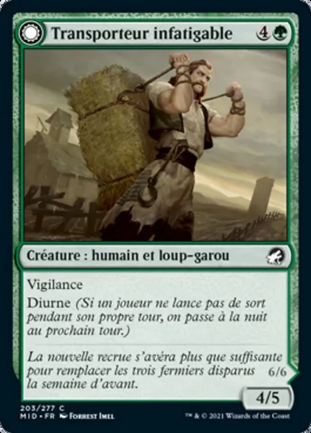 Transporteur infatigable // Bagarreur Noiresouche, carte Magic MID 203 — extension Innistrad : chasse de minuit