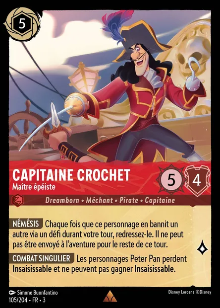 Capitaine Crochet - Maître épéiste, carte Disney Lorcana CH3-105 — extension Les Terres d'Encres