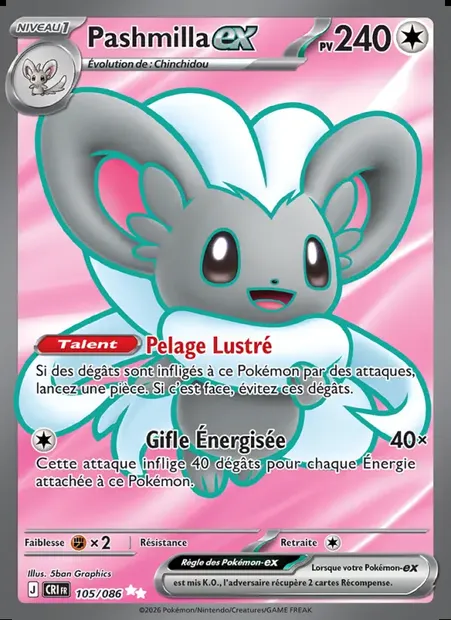 Pashmilla-ex, carte Pokémon CRI 105 — extension Chaos Ascendant