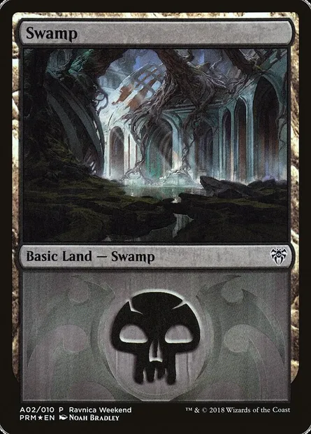 Swamp, Magic card PRWK A02 — GRN Ravnica Weekend set
