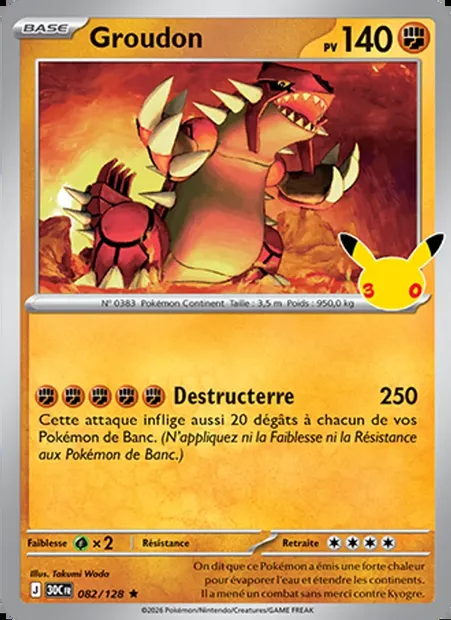 Groudon, carte Pokémon 30C 082 — extension 30ᵉ Anniversaire