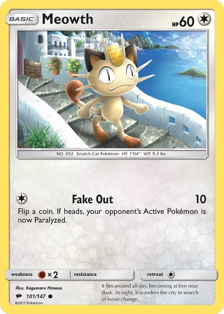 Meowth, Pokémon card BUS 101 — Burning Shadows set