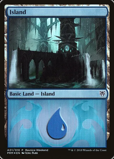 Island, Magic card PRWK A01 — GRN Ravnica Weekend set