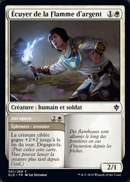 Écuyer de la Flamme d'argent // Aux aguets, carte Magic ELD 31 — extension Throne of Eldraine