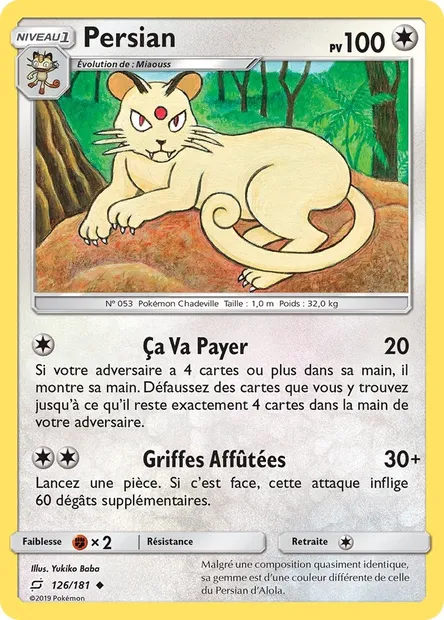 Persian, carte Pokémon TEU 126 — extension Duo de Choc