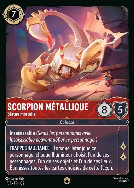 Scorpion métallique - Statue mortelle, carte Disney Lorcana Q2-001 — extension Quête des Illumineurs: Vol au palais