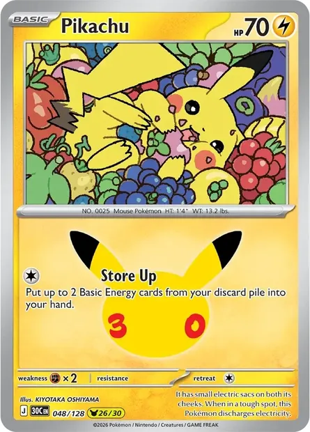Pikachu, Pokémon card 30C 048 — 30th Celebration set