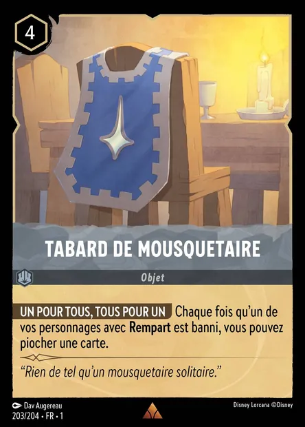Tabard de mousquetaire, carte Disney Lorcana CH1-203 — extension Premier Chapitre