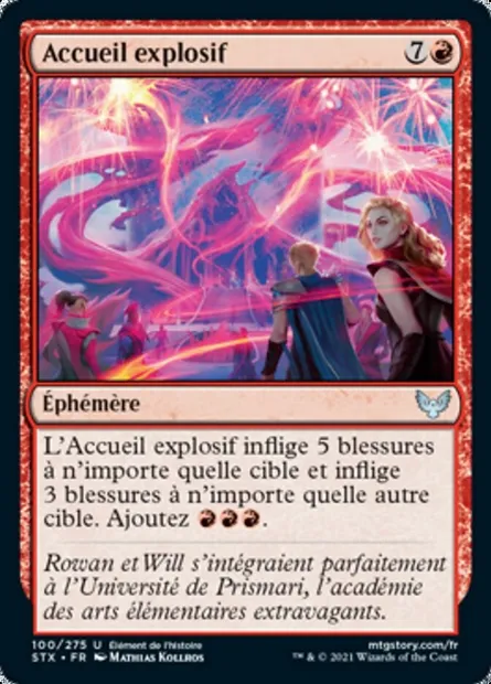 Accueil explosif, carte Magic STX 100 — extension Strixhaven: l'Académie des Mages