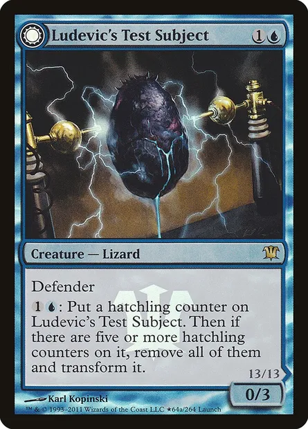 Cobaye de Ludevic // Abomination de Ludevic, carte Magic PISD 64★ — extension Innistrad Promos