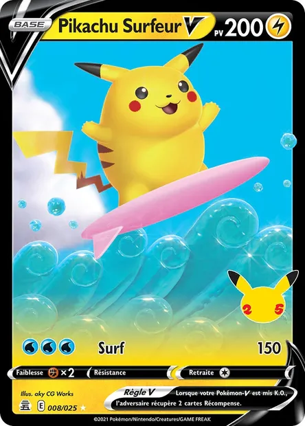 Pikachu Surfeur V, carte Pokémon CEL 8 — extension Célébrations