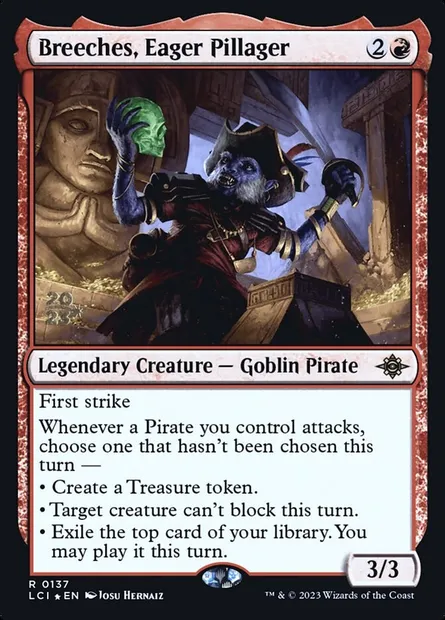 Breeches, Eager Pillager, Magic card PLCI 137s — The Lost Caverns of Ixalan Promos set