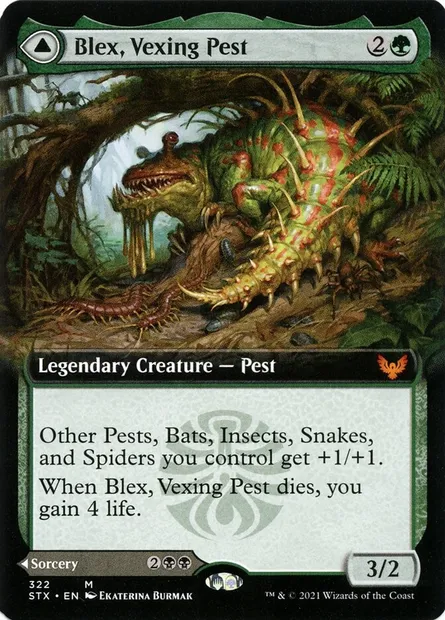 Blex, nuisible agaçant // Recherche de Blex, carte Magic STX 322 — extension Strixhaven: l'Académie des Mages