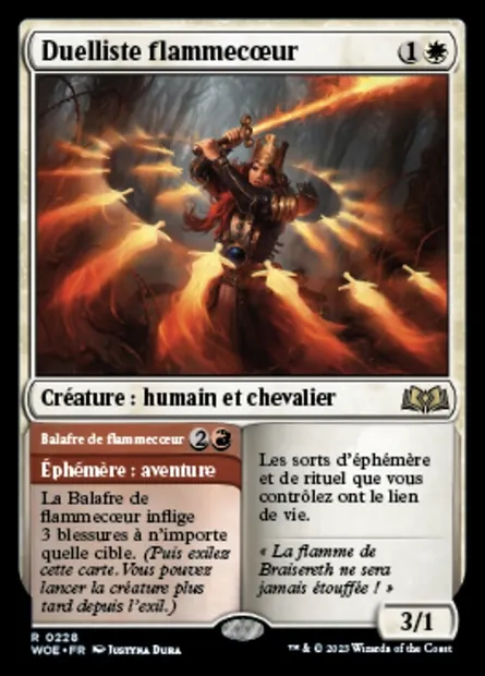 Duelliste flammecoeur // Balafre de flammecœur, carte Magic WOE 228 — extension Wilds of Eldraine