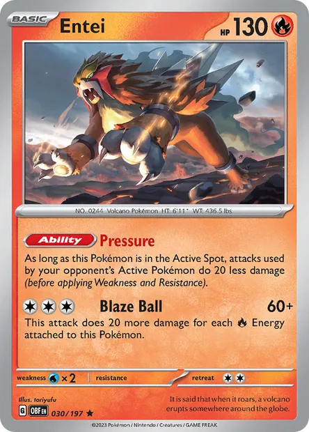 Entei, Pokémon card OBF 030 — Obsidian Flames set