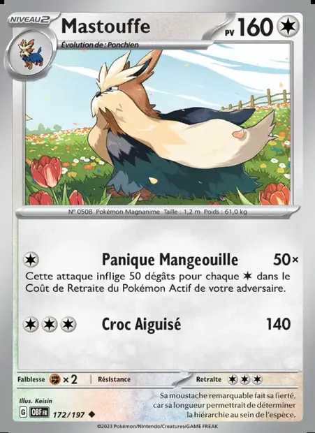 Mastouffe, carte Pokémon OBF 172 — extension Flammes Obsidiennes
