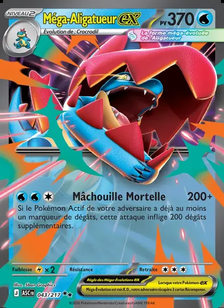 Méga-Aligatueur-ex, carte Pokémon ASC 043 — extension Héros Transcendants