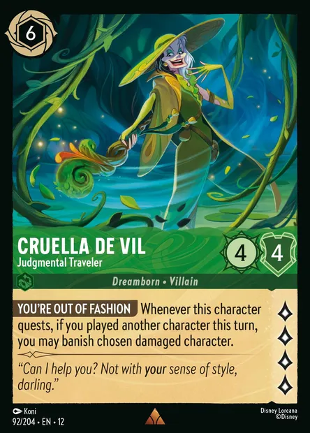 Cruella De Vil - Judgmental Traveler, Disney Lorcana card CH12-092 — Wilds Unknown set