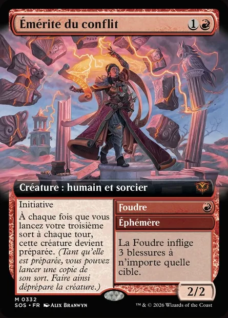 Émérite du conflit // Lightning Bolt, carte Magic SOS 332 — extension Secrets of Strixhaven