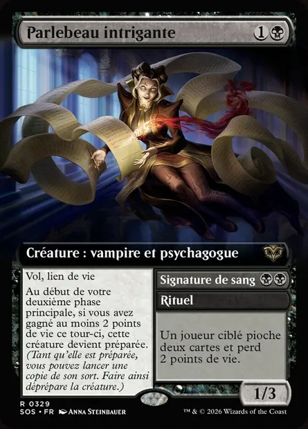 Parlebeau intrigante // Sign in Blood, carte Magic SOS 329 — extension Secrets of Strixhaven