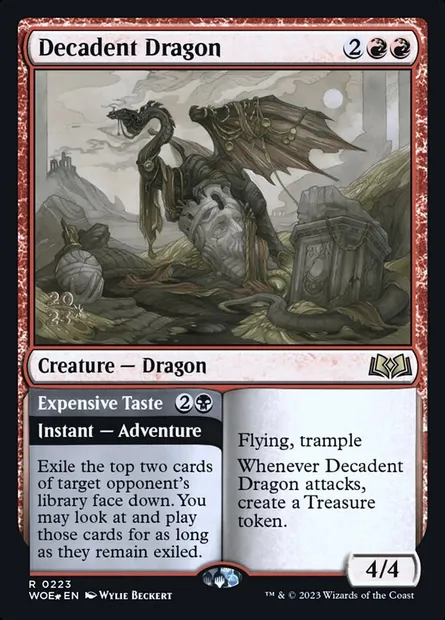 Decadent Dragon // Expensive Taste, Magic card PWOE 223s — Wilds of Eldraine Promos set