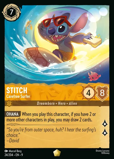 Stitch - Carefree Surfer, Disney Lorcana card CH9-024 — Fabled set