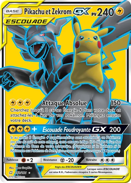 Pikachu et Zekrom GX, carte Pokémon TEU 162 — extension Duo de Choc