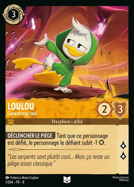 Loulou - Canard trop cool, carte Disney Lorcana CH8-001 — extension Le Règne de Jafar