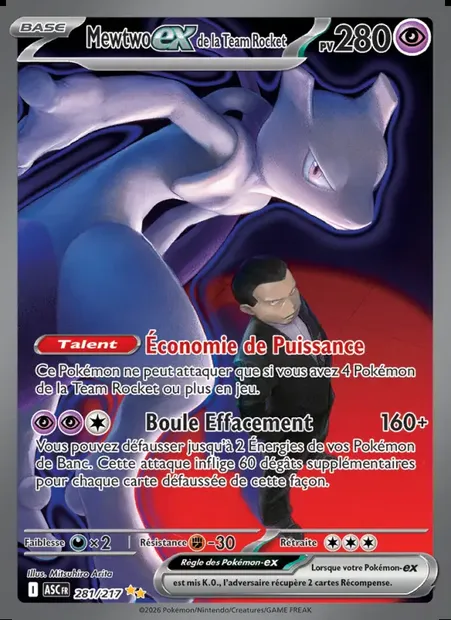 Mewtwo-ex de la Team Rocket, carte Pokémon ASC 281 — extension Héros Transcendants