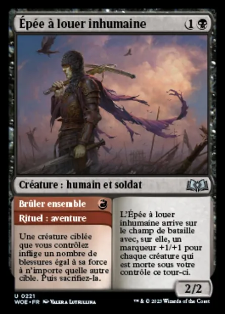 Épée à louer inhumaine // Brûler ensemble, carte Magic WOE 221 — extension Wilds of Eldraine