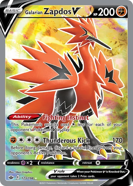 Galarian Zapdos V, Pokémon card CRE 173 — Chilling Reign set