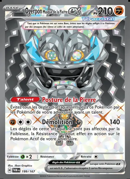 Ogerpon Masque de la Pierre-ex, carte Pokémon TWM 199 — extension Mascarade Crépusculaire