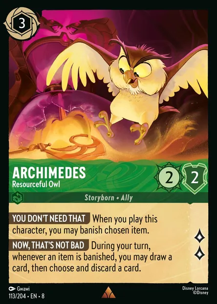 Archimedes - Resourceful Owl, Disney Lorcana card CH8-113 — The Reign of Jafar set