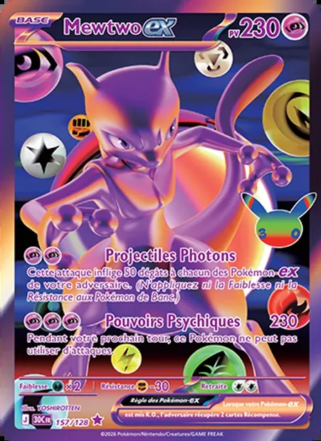 Mewtwo-ex, carte Pokémon 30C 157 — extension 30ᵉ Anniversaire