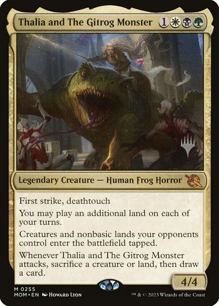 Thalia and The Gitrog Monster, Magic card PMOM 255p — March of the Machine Promos set