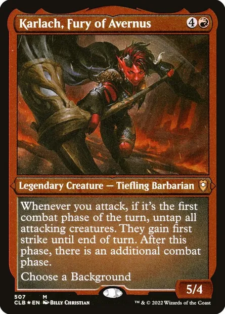 Karlach, Furie de l'Averne, carte Magic CLB 507 — extension Commander Légendes : la bataille de la Porte de Baldur