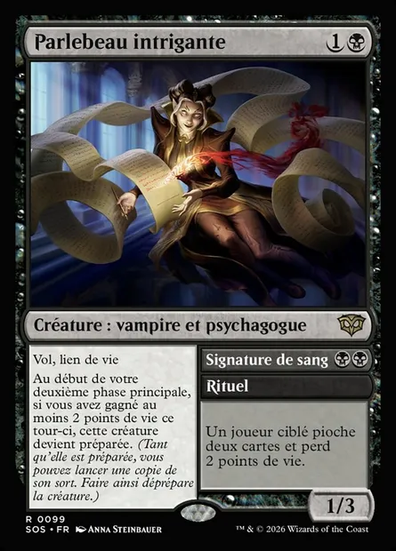 Parlebeau intrigante // Sign in Blood, carte Magic SOS 99 — extension Secrets of Strixhaven