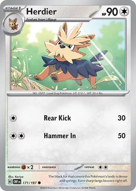 Herdier, Pokémon card OBF 171 — Obsidian Flames set