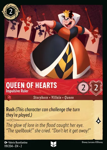 Queen of Hearts - Impulsive Ruler, Disney Lorcana card CH2-119 — Rise of the Floodborn set