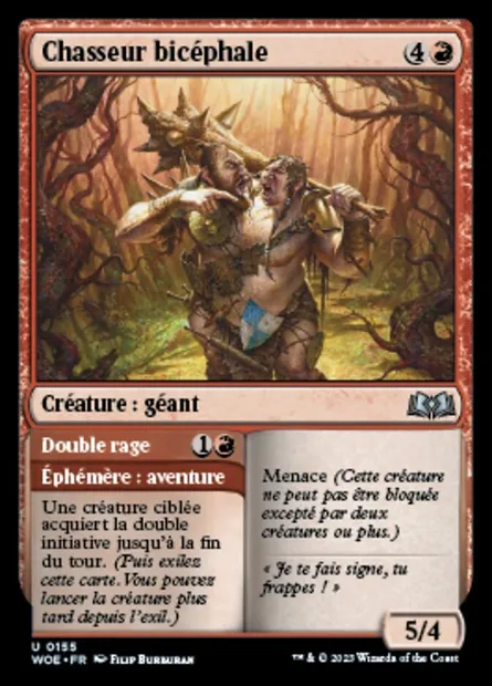 Chasseur bicéphale // Double rage, carte Magic WOE 155 — extension Wilds of Eldraine