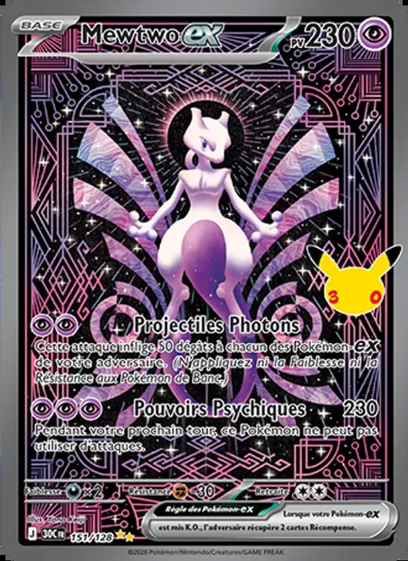 Mewtwo-ex, carte Pokémon 30C 151 — extension 30ᵉ Anniversaire
