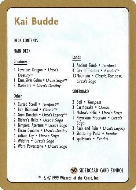 Kai Budde Decklist, Magic card WC99 kb0b — World Championship Decks 1999 set