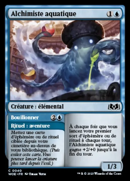 Alchimiste aquatique // Bouillonner, carte Magic WOE 40 — extension Wilds of Eldraine