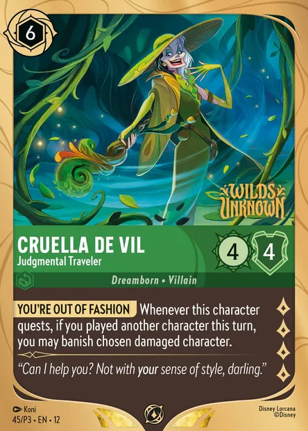 Cruella d'Enfer - Voyageuse critique, carte Disney Lorcana P3-045 — extension P3
