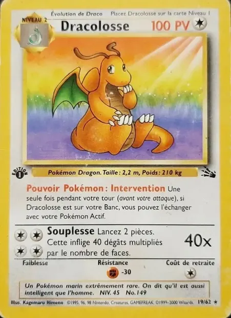 Dracolosse, carte Pokémon FO 19 — extension Fossile