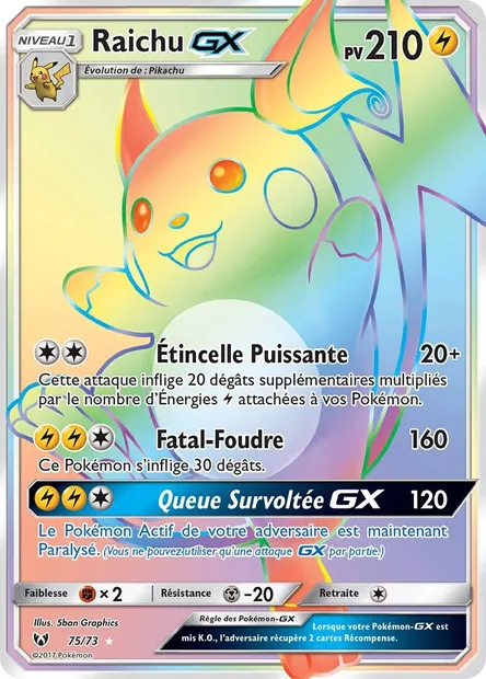 Raichu GX, carte Pokémon SLG 75 — extension Légendes Brillantes