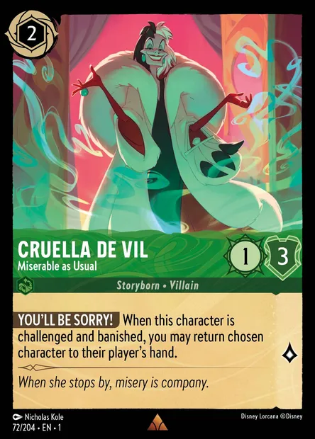 Cruella De Vil - Miserable as Usual, Disney Lorcana card CH1-072 — The First Chapter set